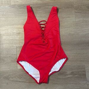 MICHAEL Kors one piece Swimsuit 1 Piece 8 Red Halter Plunge Neck line lace up